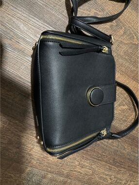 Black Faux Leather Crossbody Bag with Gold Zipper and Button Detail